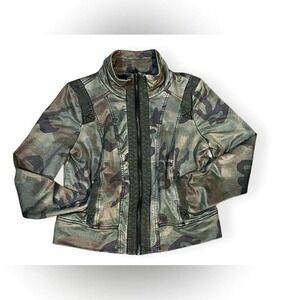 Marrakech Anthropologie Satin Full Zip Green Camo Jacket Size M Military‎ Chic